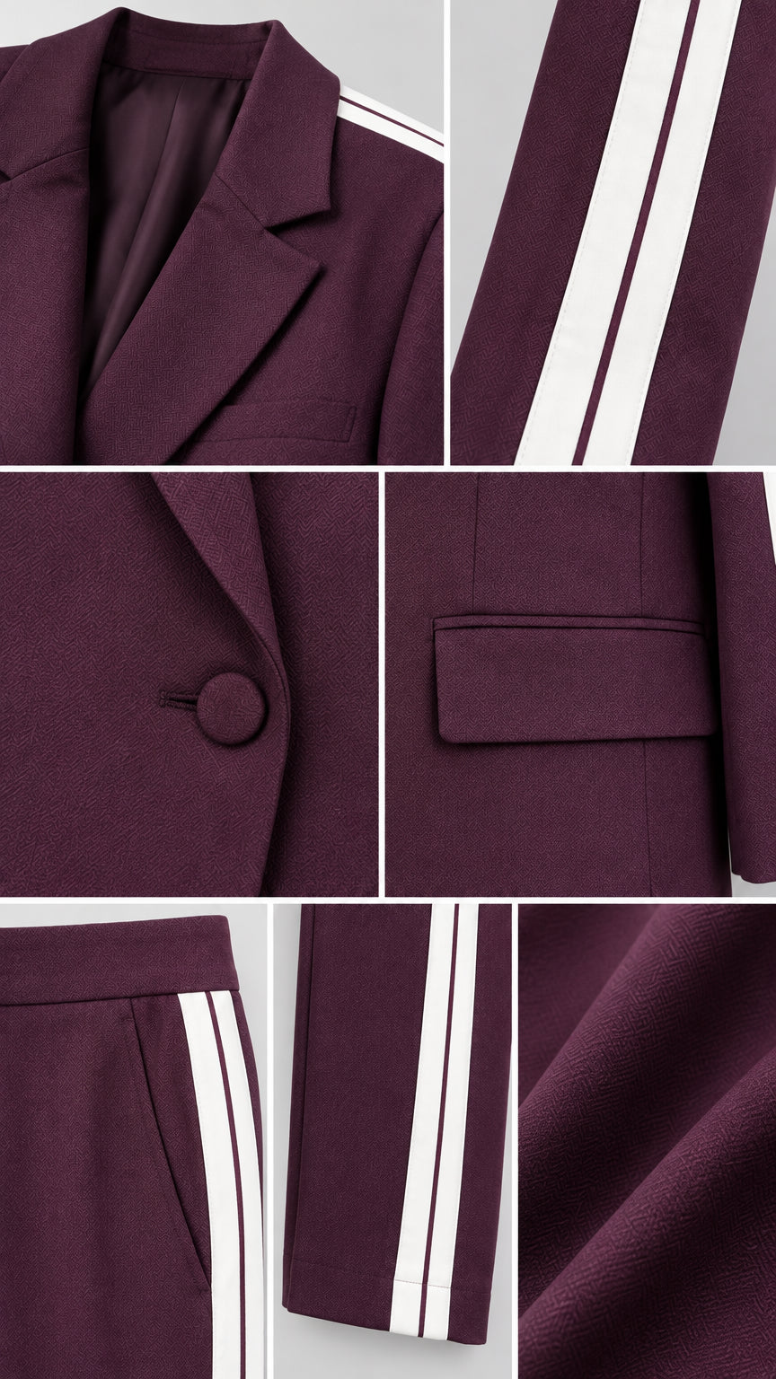 Close-up details of burgundy blazer lapel, single button, flap pocket, waist, and crepe fabric texture