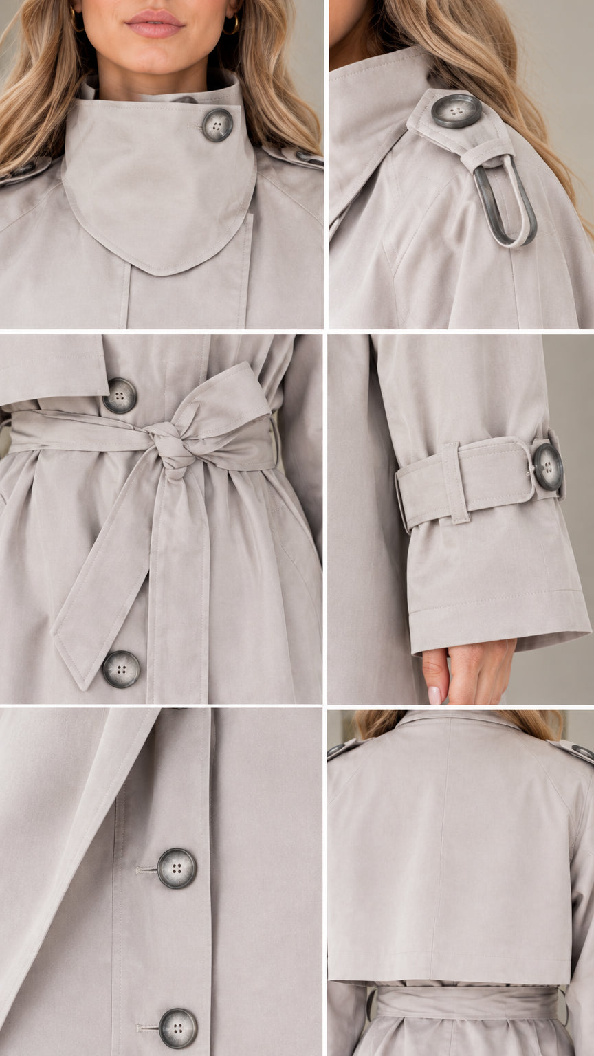 Close-up details of collar closure, shoulder epaulet, belt knot, cuff tab, and back flap