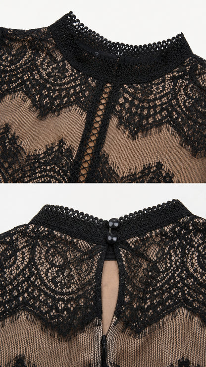 Close-up of mock neckline crochet trim and delicate black eyelash lace
