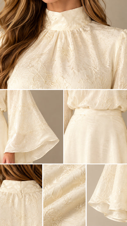 Detailed close-up views of high neckline, bell sleeve cuff, waistline, and jacquard texture in ivory