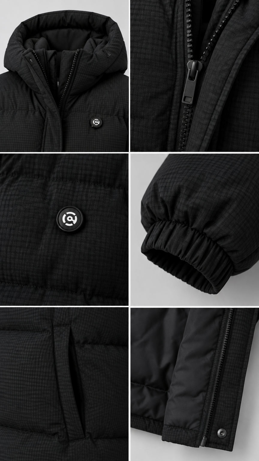 Close-up details of puffer jacket including zipper, hood, chest button, and elastic cuff
