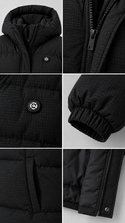 Close-up details of puffer jacket including zipper, hood, chest button, and elastic cuff