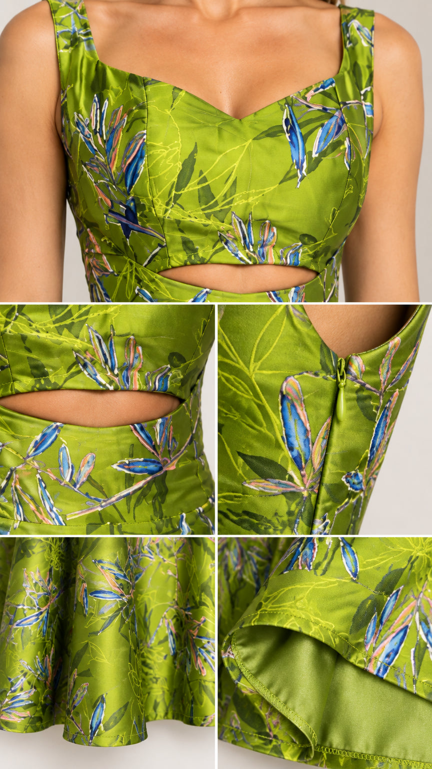 Close-up detail collage of sweetheart neckline, waist cutout, hemline, and lining