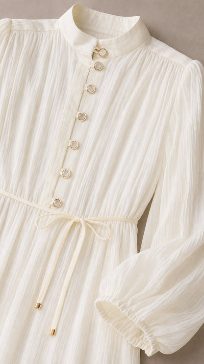 Close-up detail of the Cream White dress showing the mandarin collar, metallic ring buttons, and tie string waist