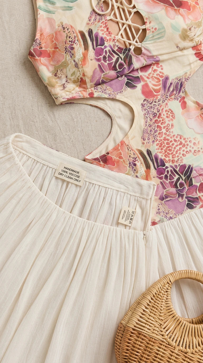 Close-up detail of lace-up floral bodice and pleated fabric