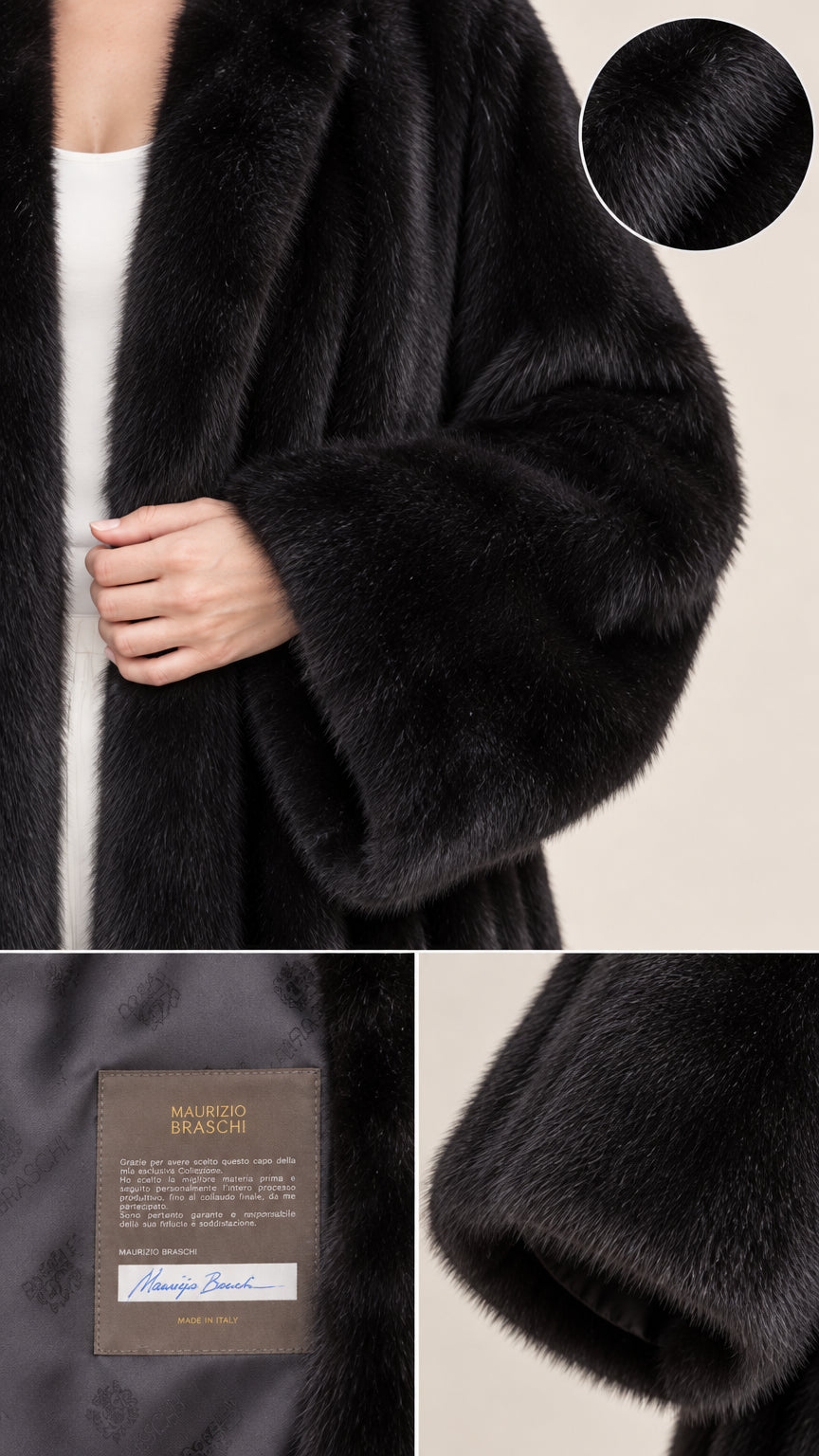 Close-up details of black faux fur texture, wide sleeve, and inner lining