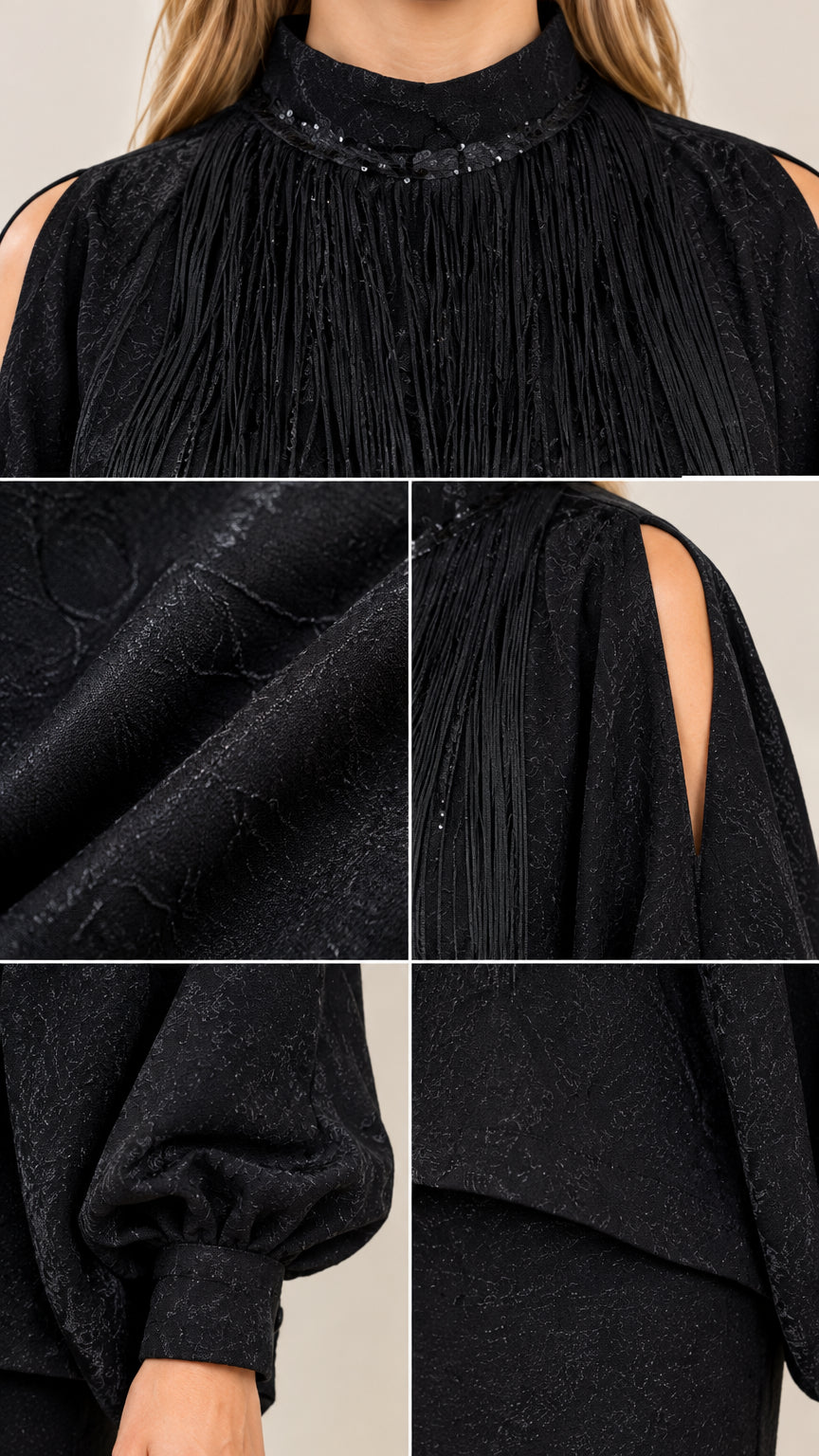 Close-up details of embellished neckline, shoulder cutout, textured fabric, and sleeve cuff