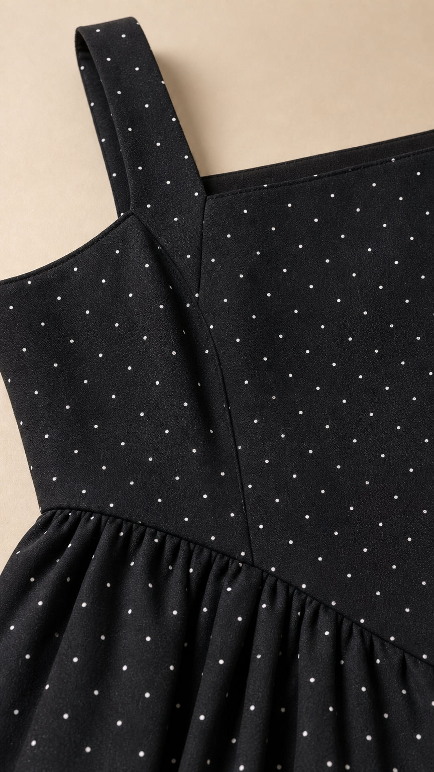 Close-up detail of black fabric with mini white polka dots and square neckline seam