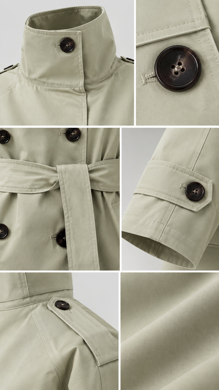Close-up details of collar button, waist tie, cuff tabs, and woven fabric texture
