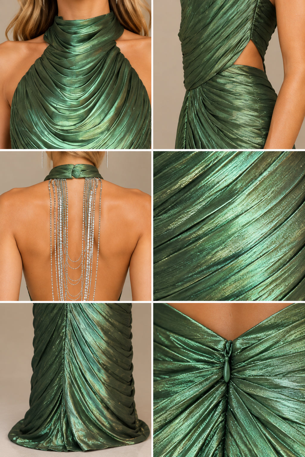 Close-up detail collage showing halter neckline ruching, side cutout, chain fringe, and fabric texture