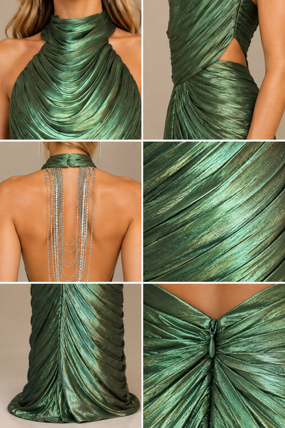 Close-up detail collage showing halter neckline ruching, side cutout, chain fringe, and fabric texture