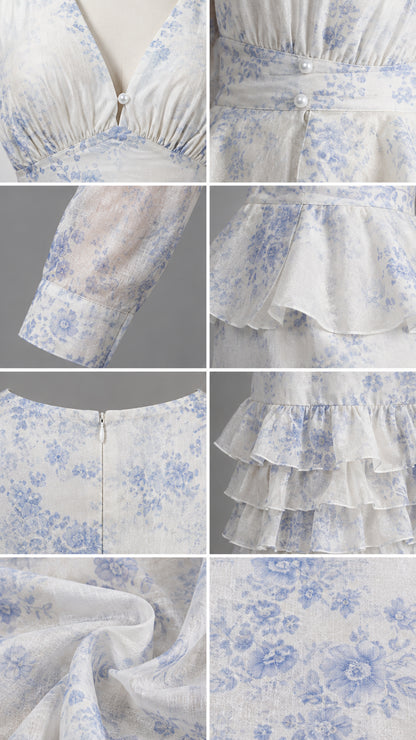 Close-up details of neckline, pearl buttons, peplum waist, cuffs, and textured fabric