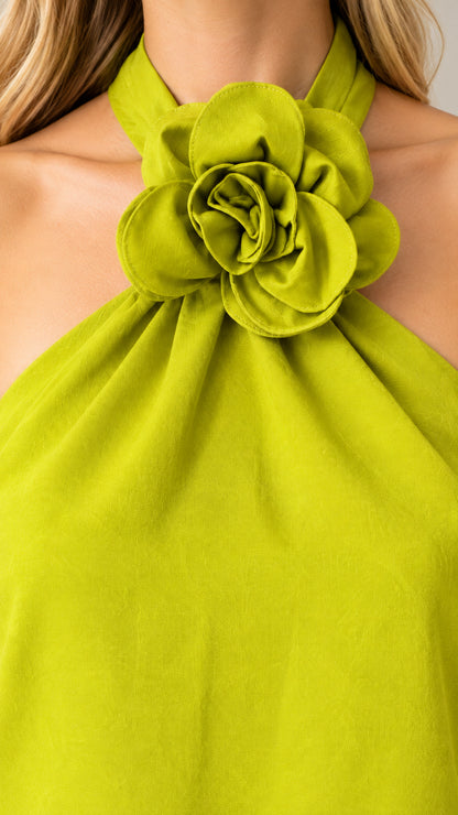 Close-up detail of Lime Green halter collar with 3D fabric rosette flower