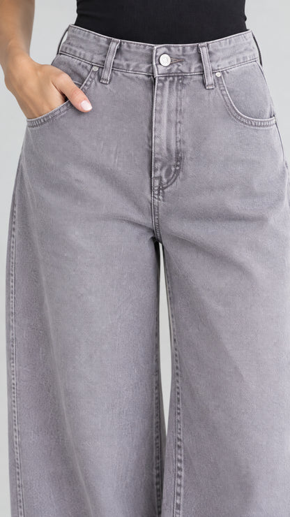 Close up detail of waistband, coin pocket, button closure, and grey denim wash