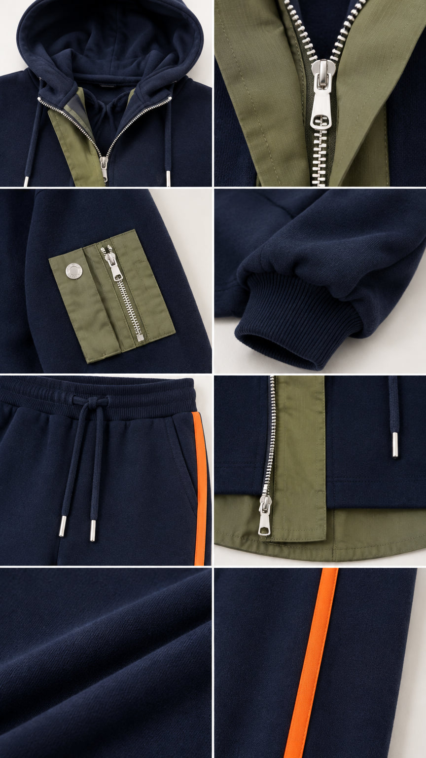 Detailed close-up collage of zipper placket, sleeve utility pocket, ribbed cuffs, and drawstring waistband