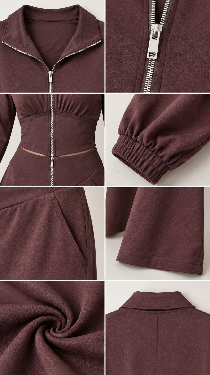 Close-up detail shots of zipper, collar, waistband, cuff, pockets, and fabric texture in chocolate brown