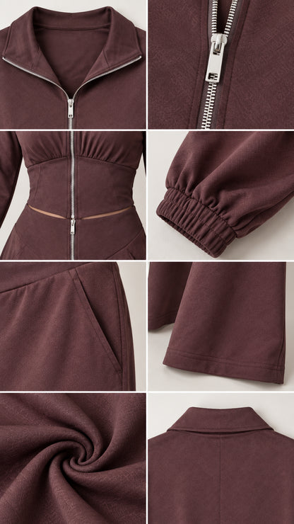 Close-up detail shots of zipper, collar, waistband, cuff, pockets, and fabric texture in chocolate brown
