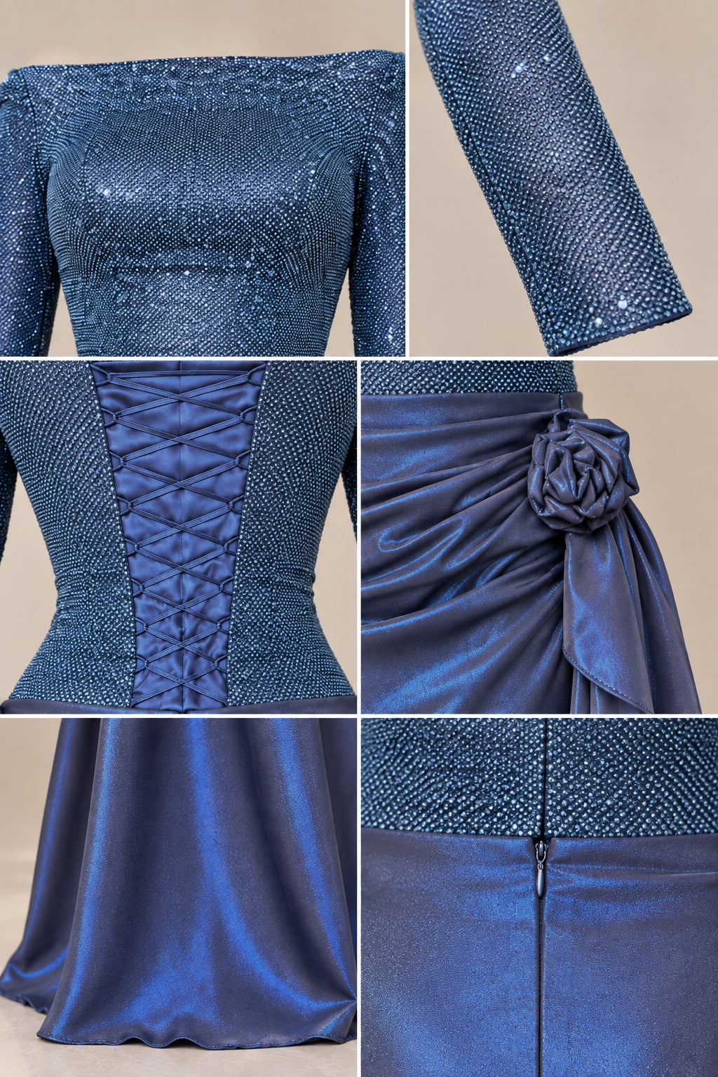 Close-up details of shimmer knit bodice, lace-up corset back, rosette waist applique, and satin skirt