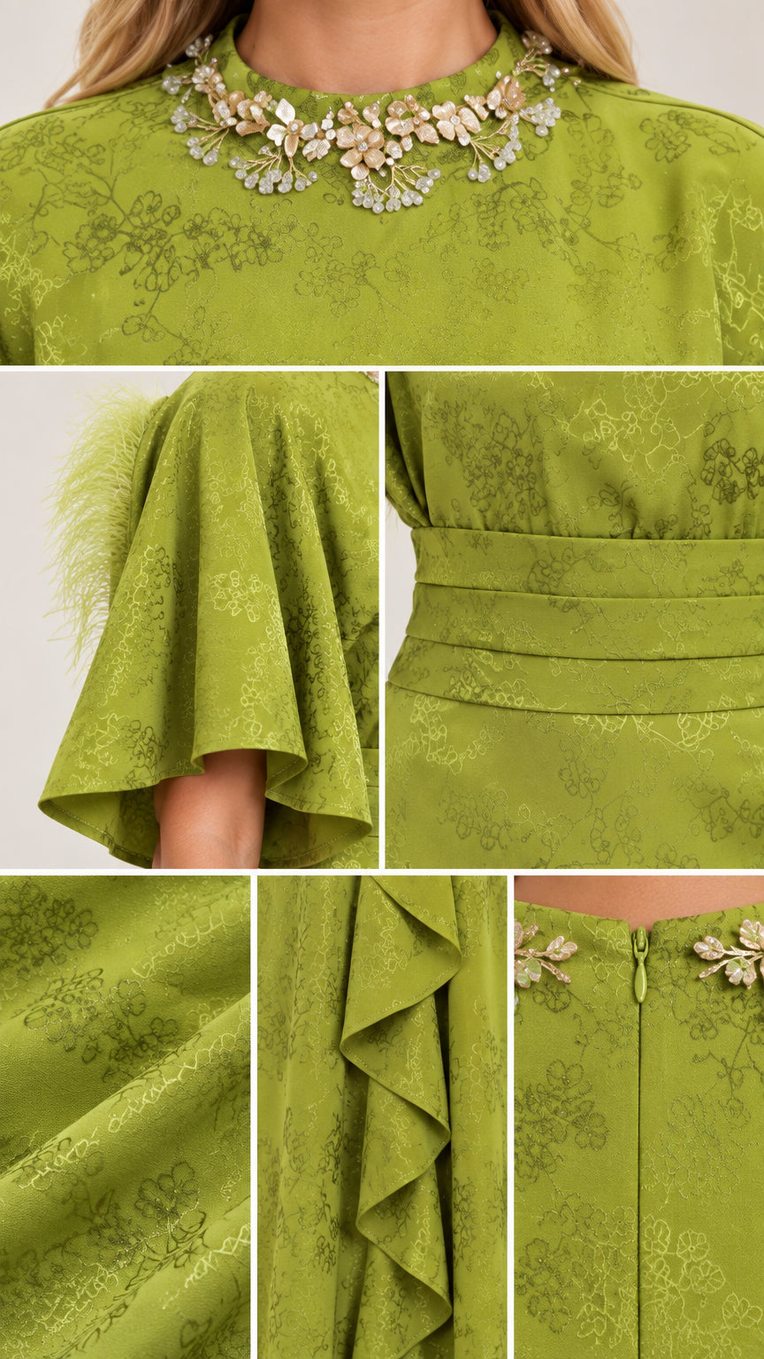 Close-up details of beaded floral neckline, sleeve trim, pleated waistband, and zipper