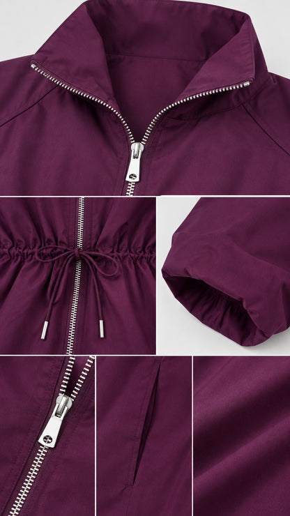 Close-up details of plum jacket collar, zipper, drawstring waist, and cuff