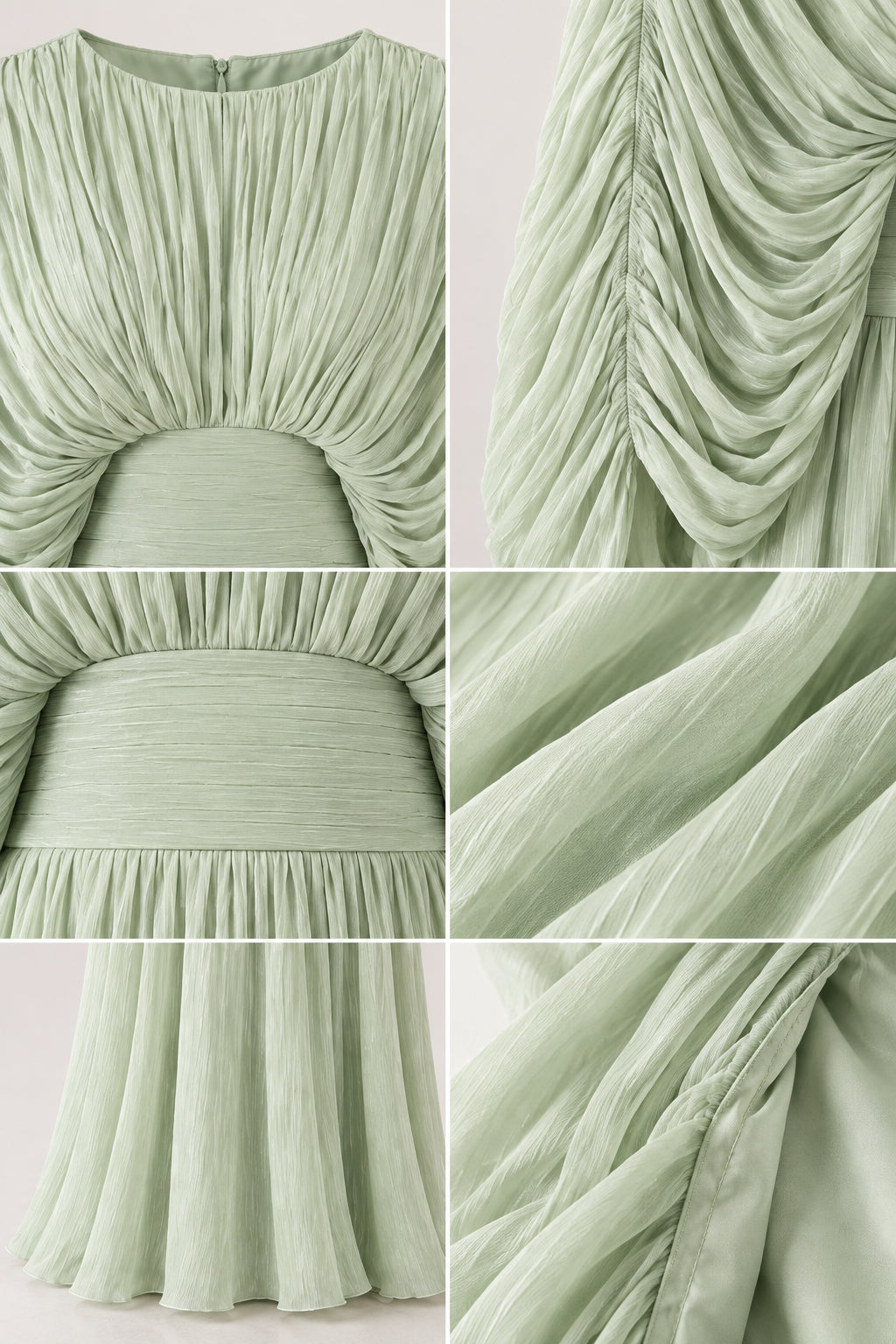 Close-up details of fabric pleating, draped cape sleeve, and textured waistband