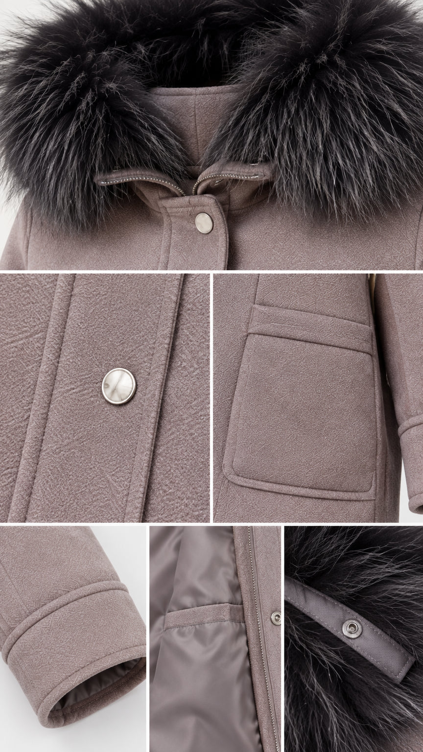 Close-up collage of coat details including faux fur hood, snap buttons, side pocket, cuff, and inner lining