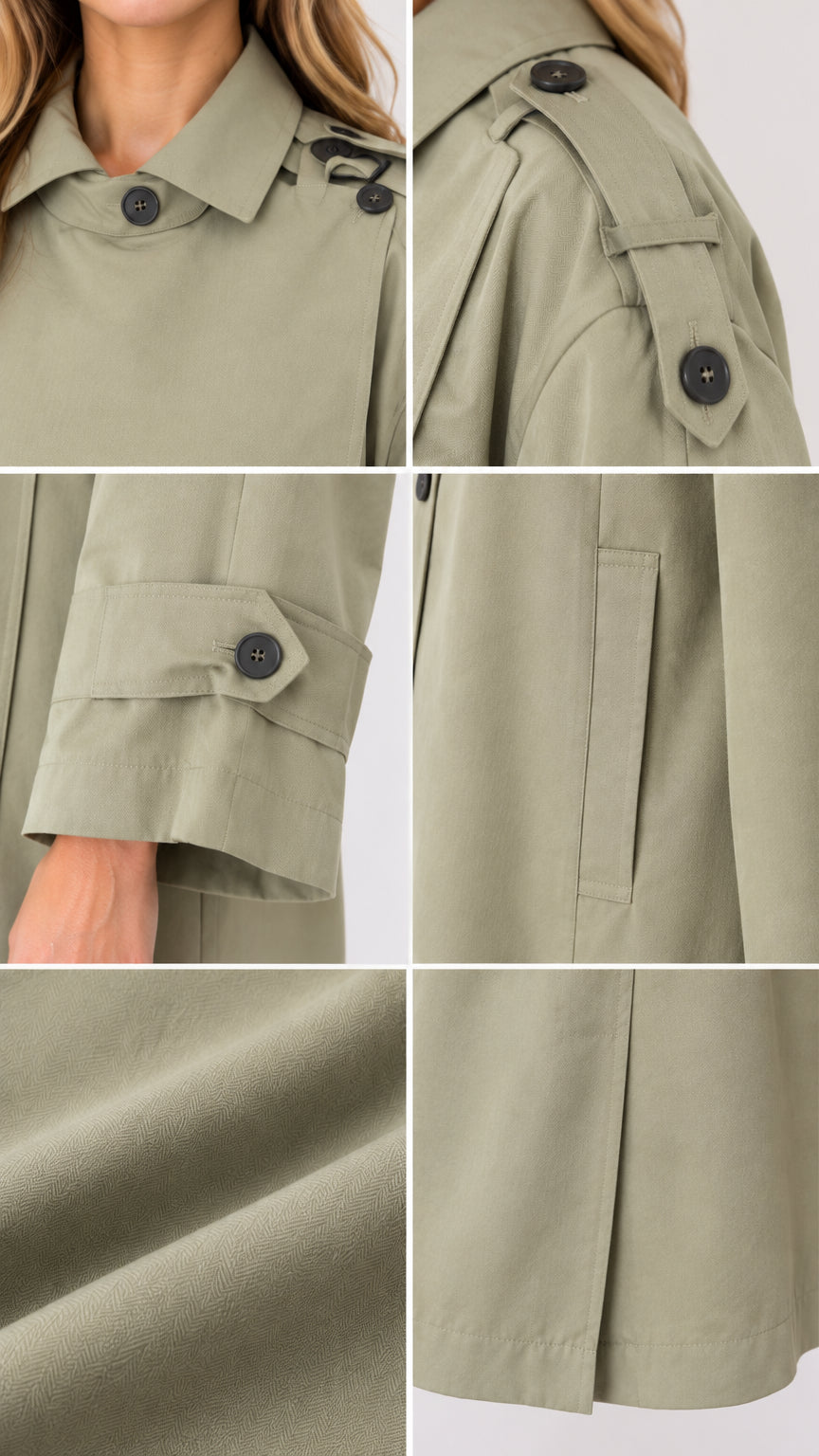 Close-up details of collar, shoulder tabs, cuff buttons, pockets, and fabric