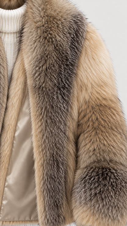 Close-up detail of soft faux fur texture, collar, and smooth inner lining