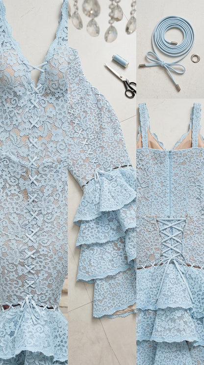Close-up flat lay of light blue lace detailing, corset lacing ties, and tiered ruffle construction