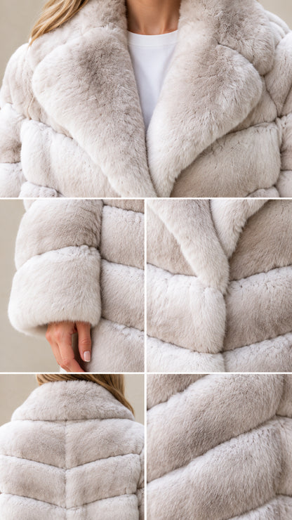 Close-up details of collar, cuff, texture, and seam stitching on Light Gray faux fur coat