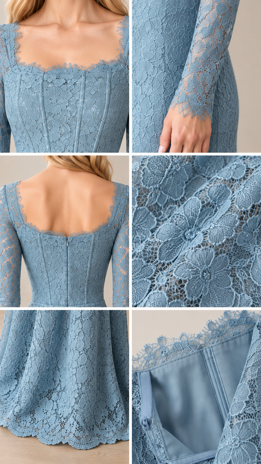 Detailed close-ups of eyelash lace neckline, sheer sleeve cuff, boning construction, and lining