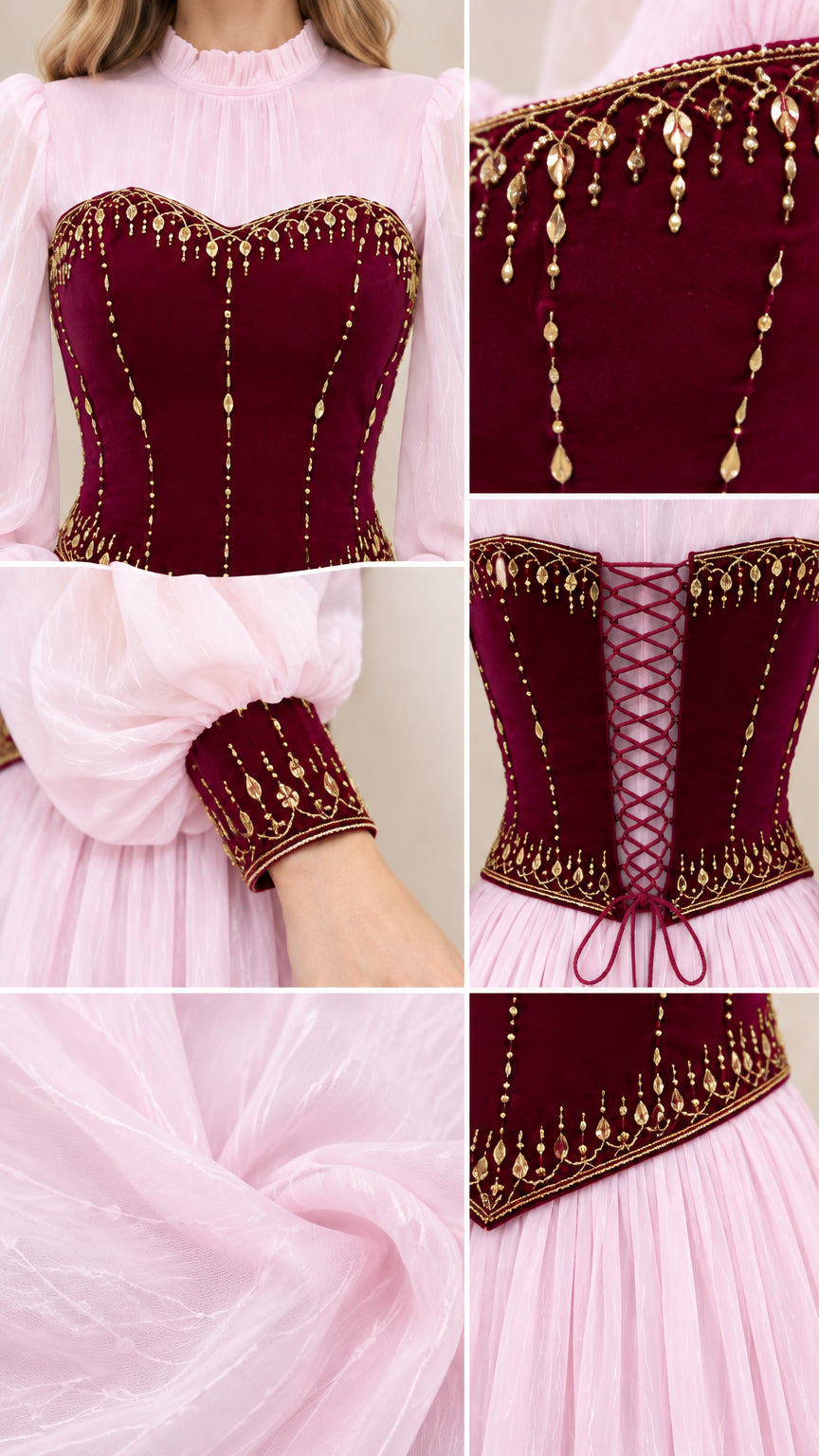 Close-up details of beaded velvet corset, lace-up back, and embellished cuffs