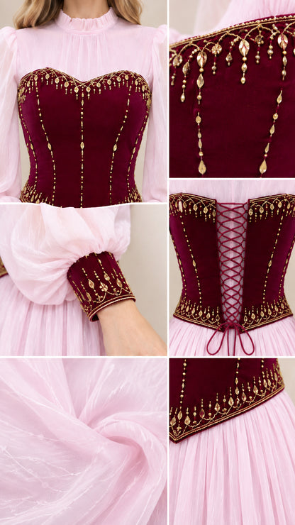 Close-up details of beaded velvet corset, lace-up back, and embellished cuffs