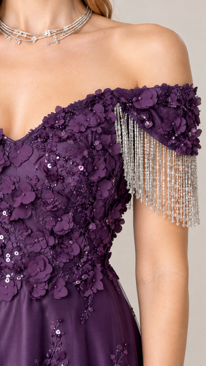 Close-up detail of sweetheart bodice with 3D floral petals, sequin accents, and beaded fringe strap
