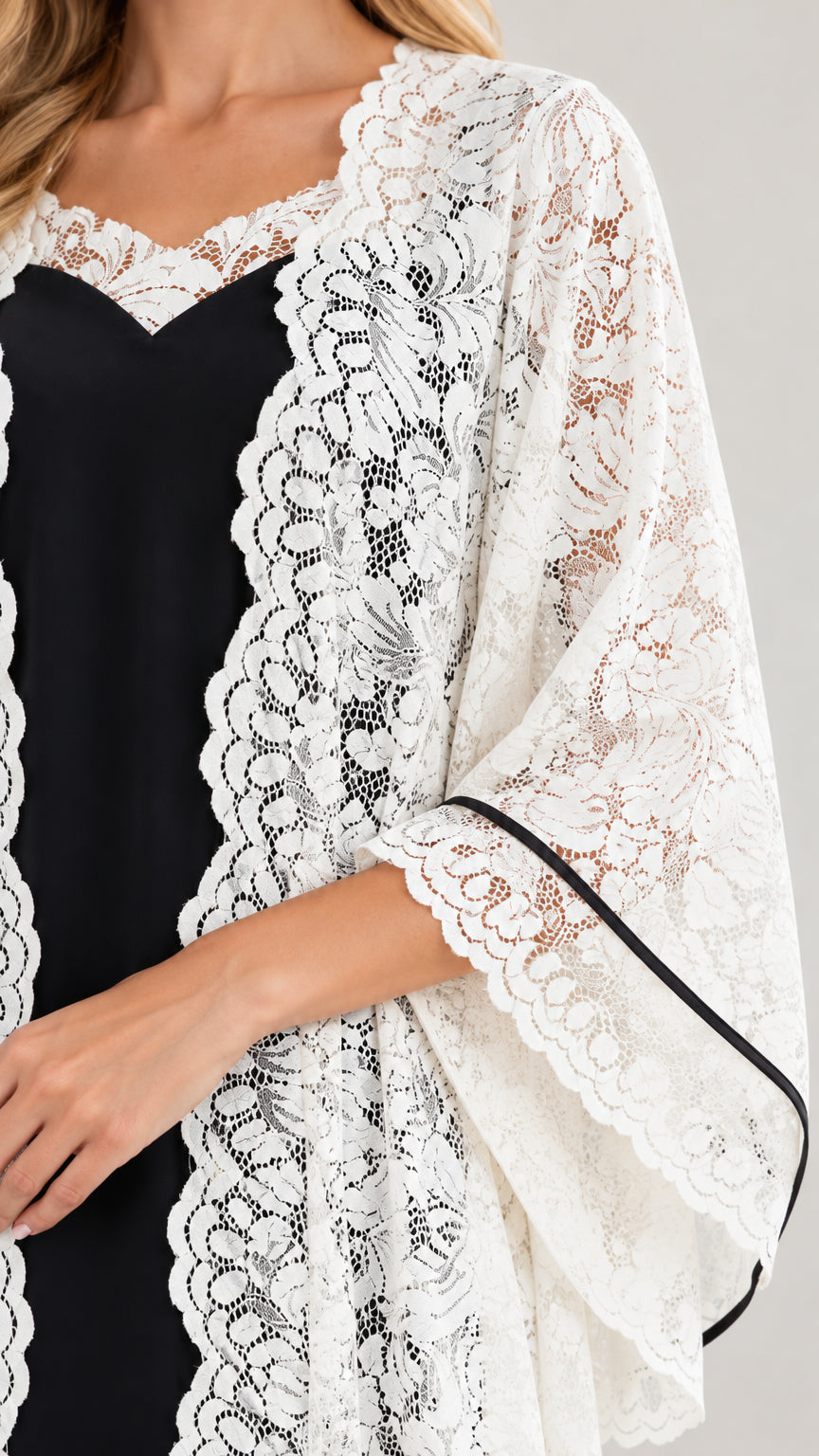 Close-up of intricate white scalloped floral lace neckline and sleeve trim