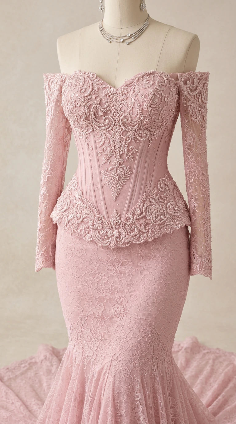 Close-up detail of dusty pink lace bodice with corset boning and peplum scalloped trim