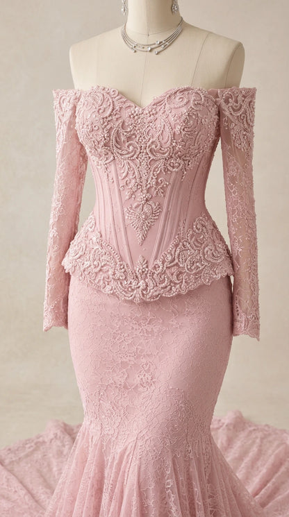 Close-up detail of dusty pink lace bodice with corset boning and peplum scalloped trim