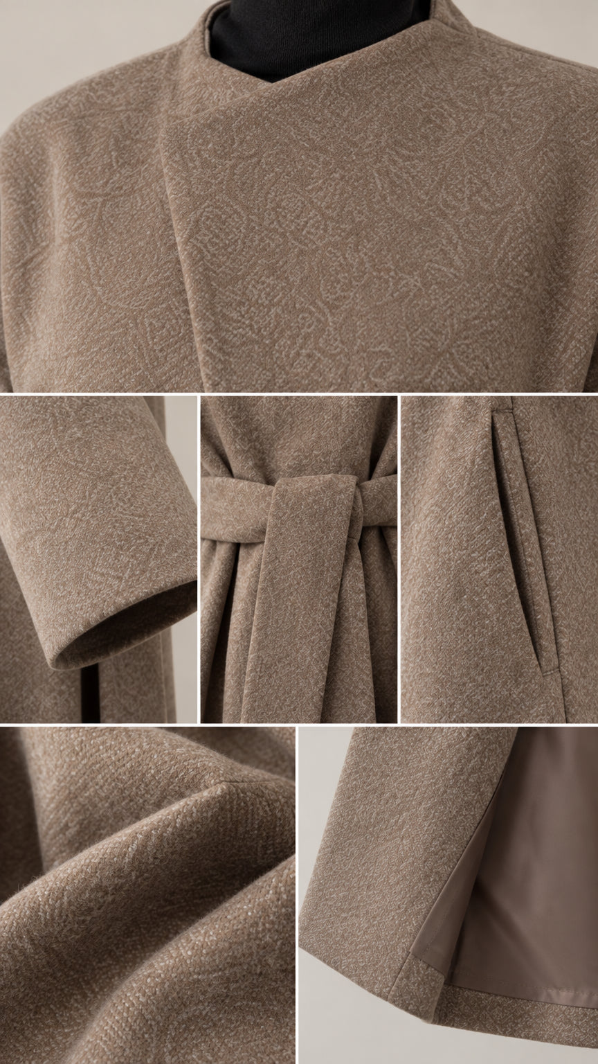 Close-up details of fabric, neckline, cuffs, pockets, and belt of the coat