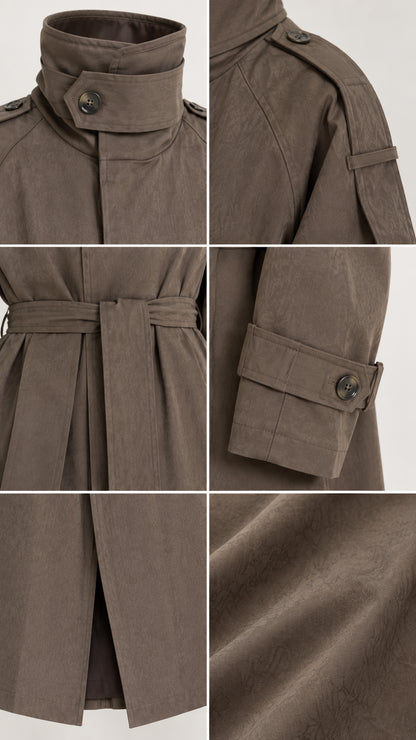 Close-up collage of collar button tab, shoulder epaulet, cuff straps, and fabric texture
