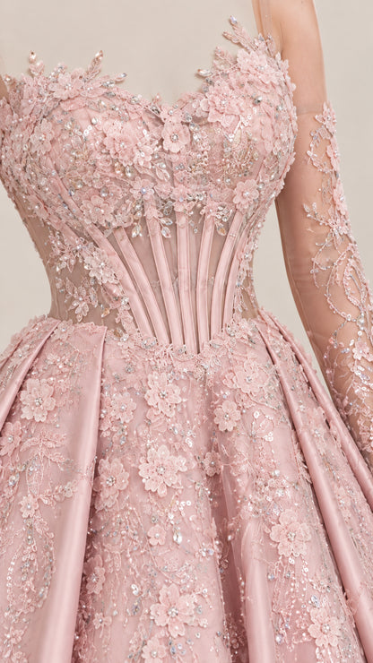 Close-up detail of sheer boned corset bodice with 3D floral lace appliqués