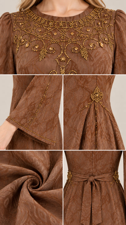 Close-up details of neckline beading, flared cuffs, and jacquard fabric texture