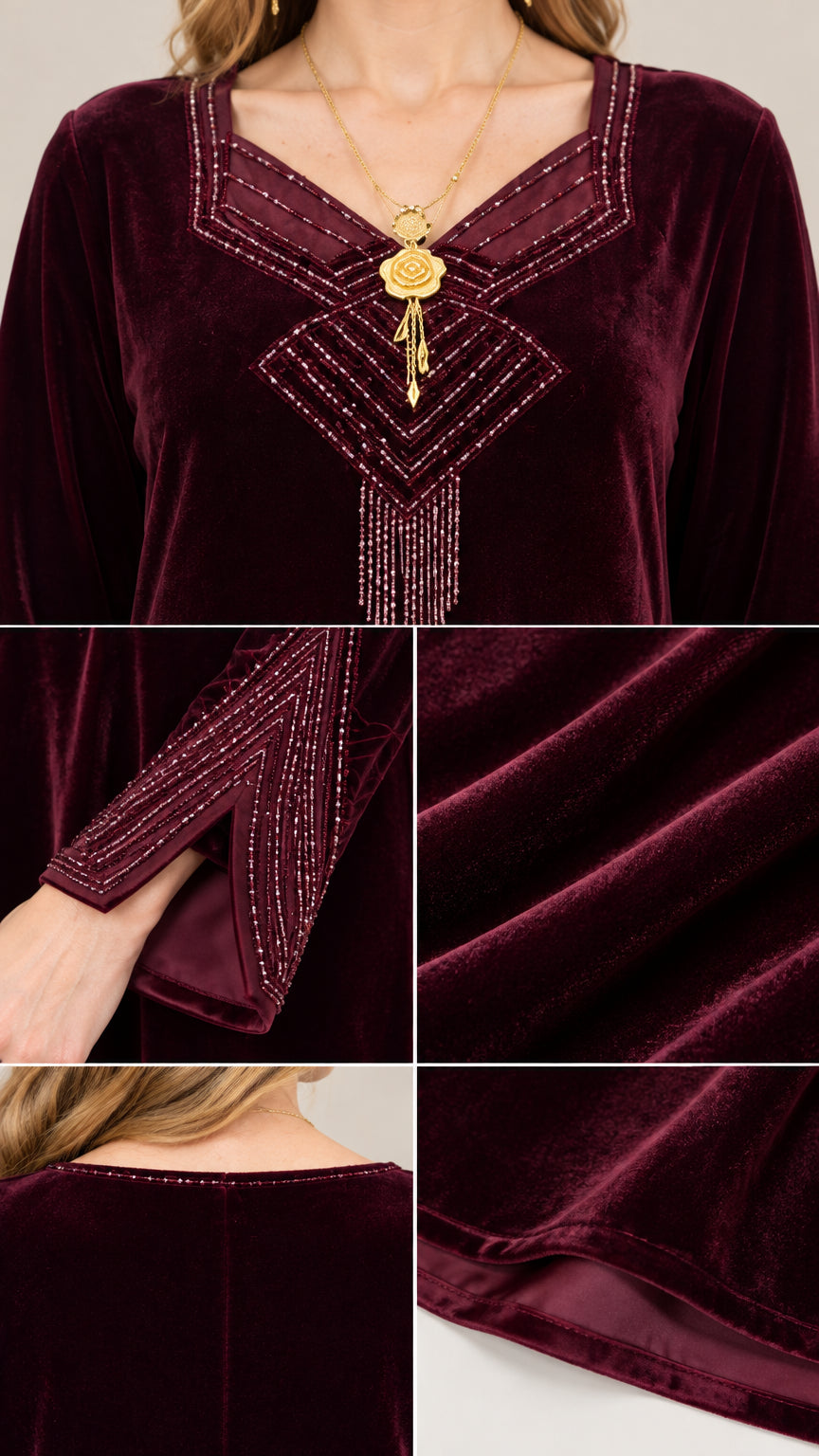 Close-up details of crystal neckline embellishment and slit sleeve cuff