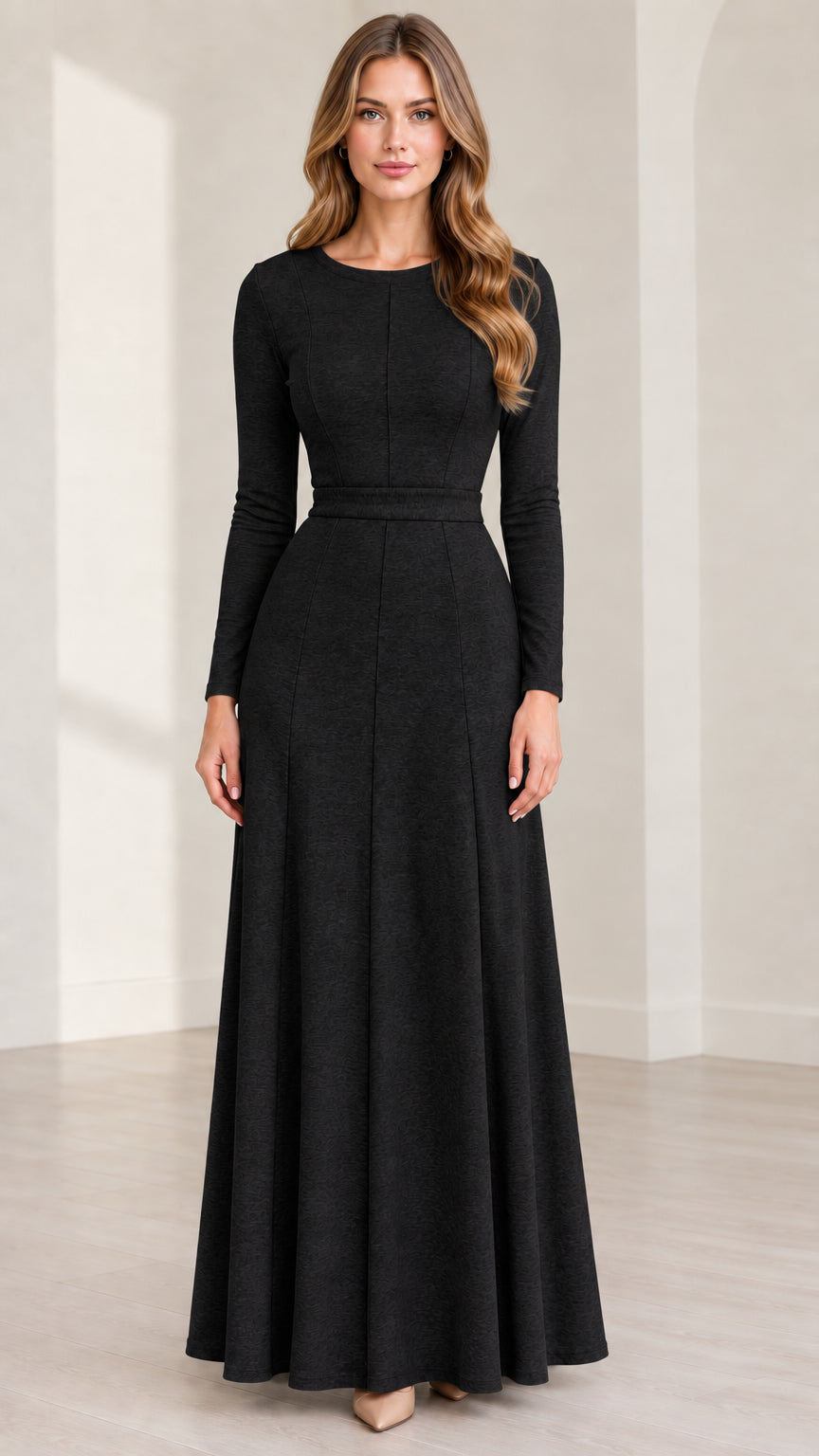 Front view of woman wearing Black long sleeve A-line maxi dress