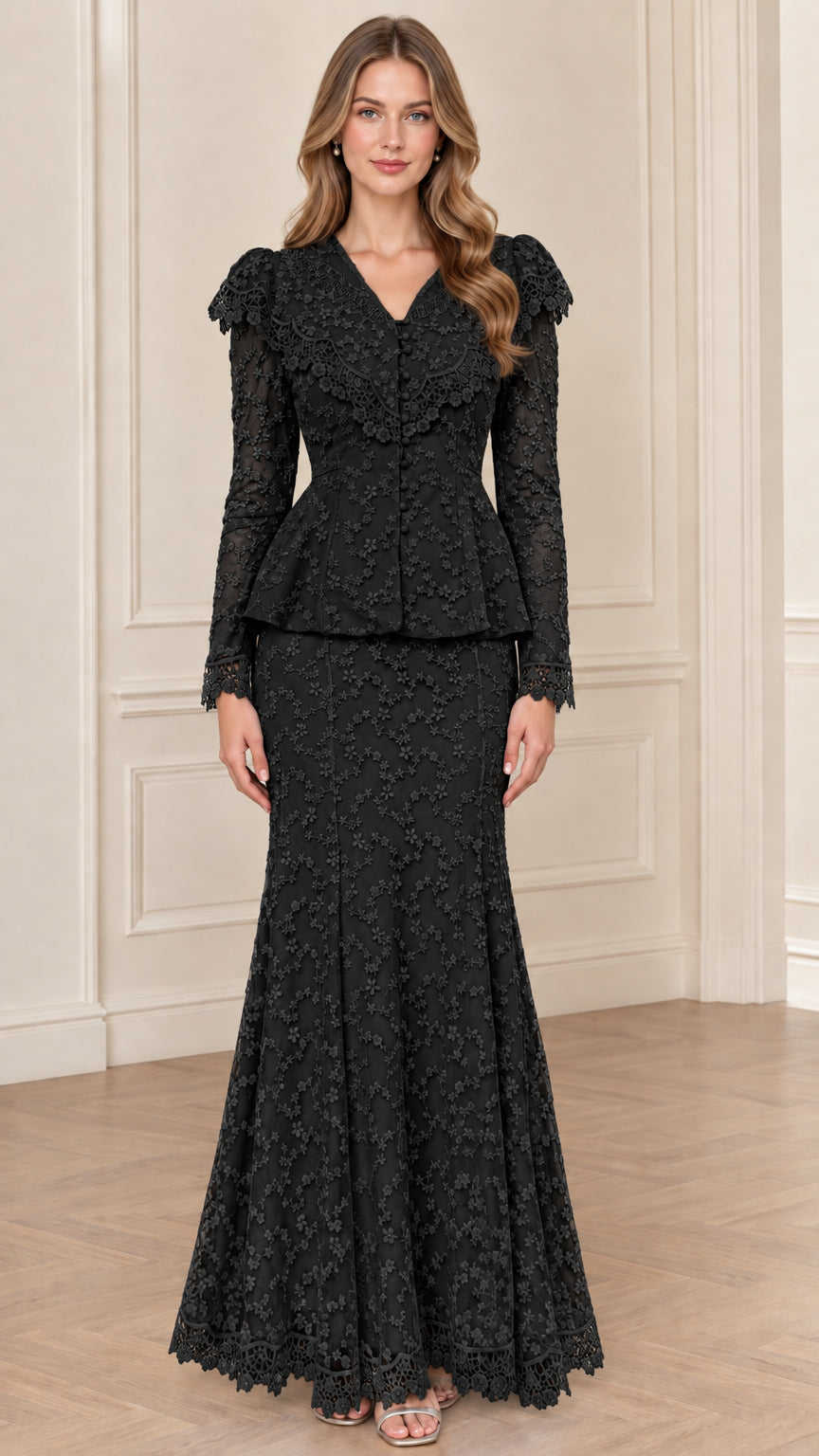 Black floral lace long sleeve peplum jacket and matching maxi skirt set