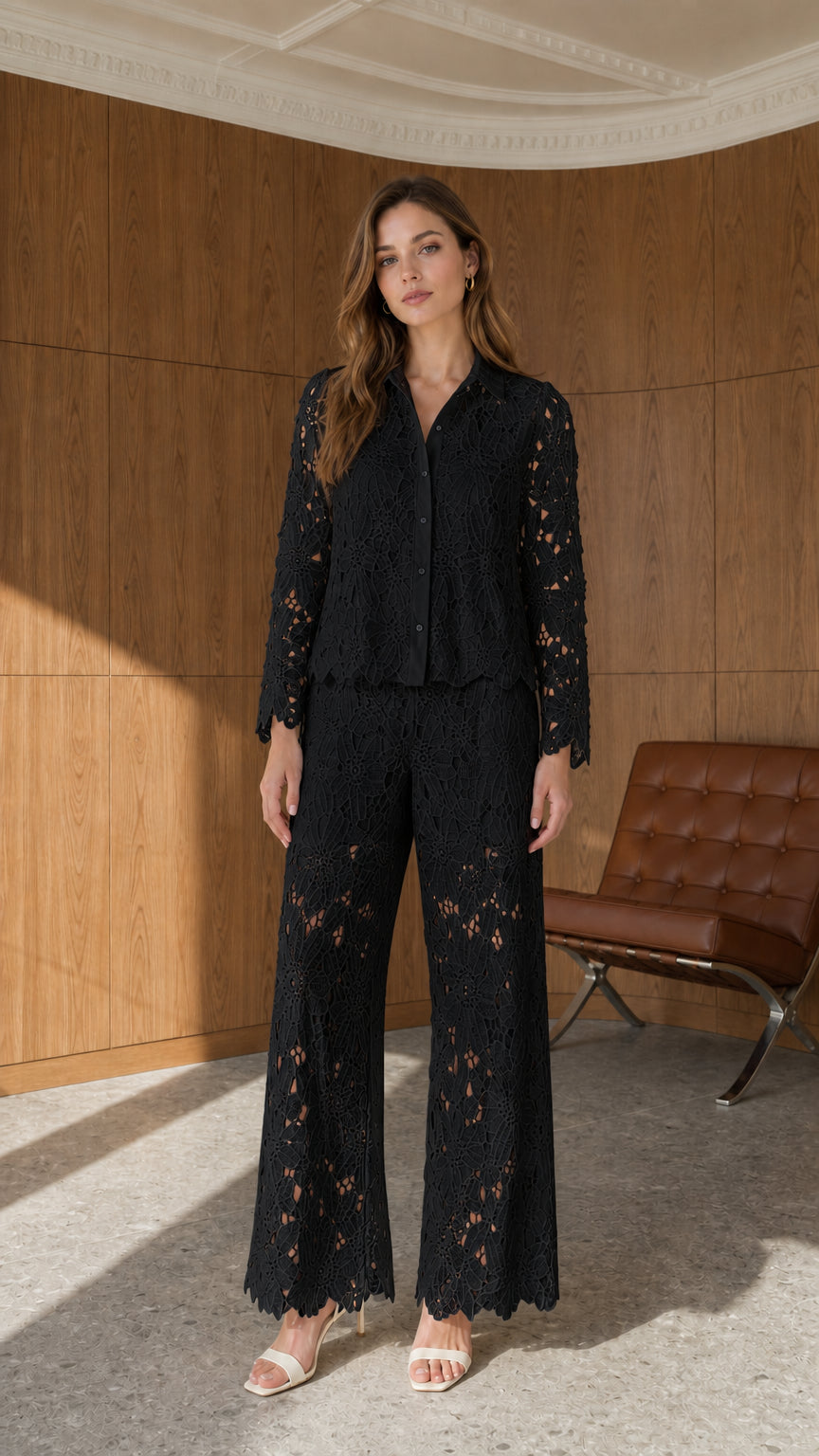 Front full view of black floral lace button-down top and wide leg pants set
