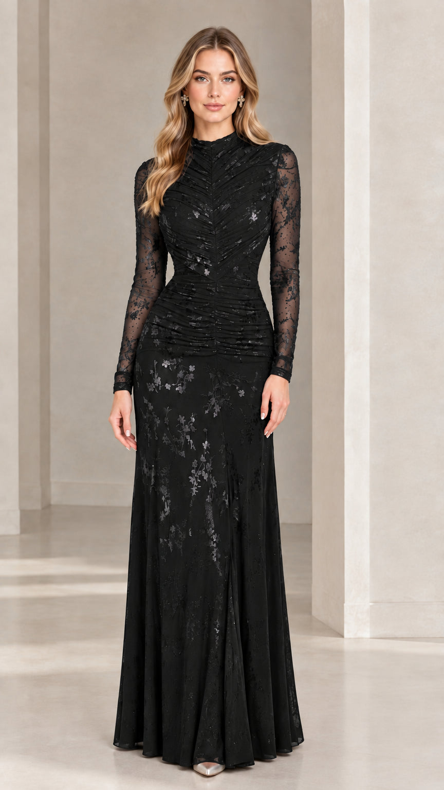 Front full view of black long sleeve mock neck ruched lace formal dress