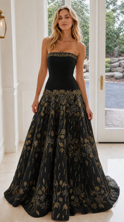 Black strapless formal gown with gold floral bead embroidery