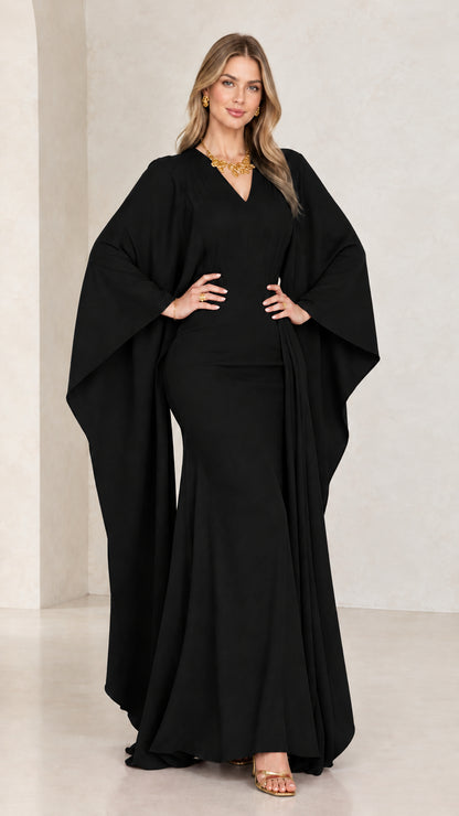Black cape sleeve mermaid evening maxi gown front view