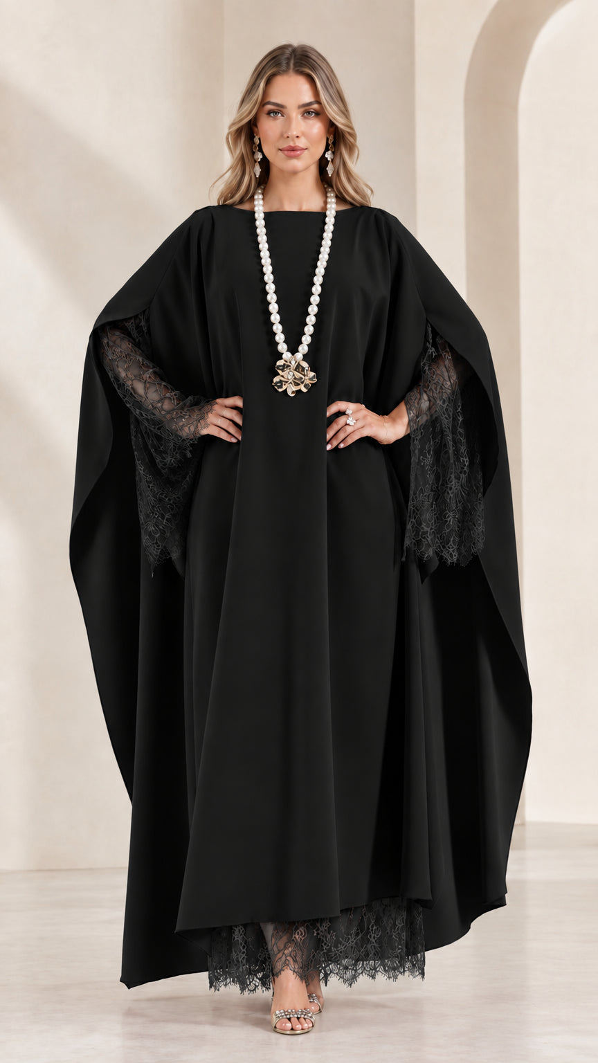 Front view of woman wearing classic black cape sleeve kaftan maxi dress