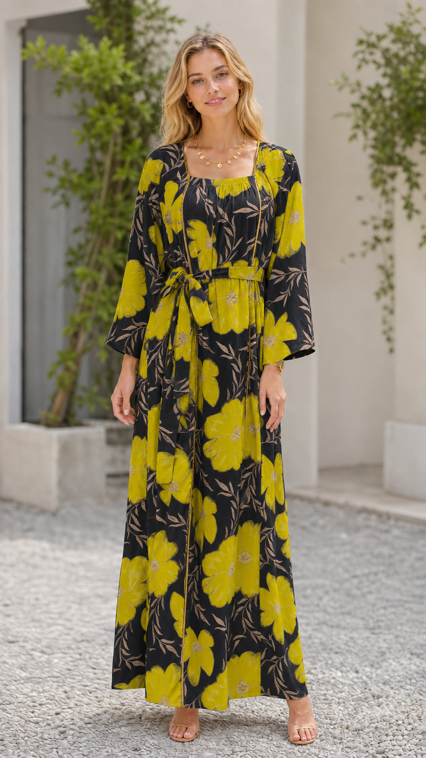Black floral print long sleeve square neck maxi dress